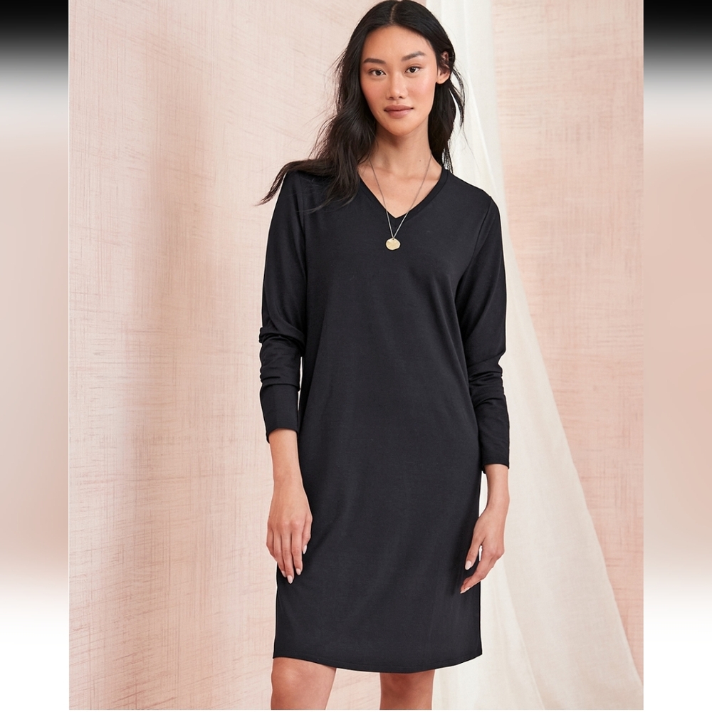 Eileen Fisher Long Sleeve V-Neck Dress in Clay Gray - Picture 1 of 8